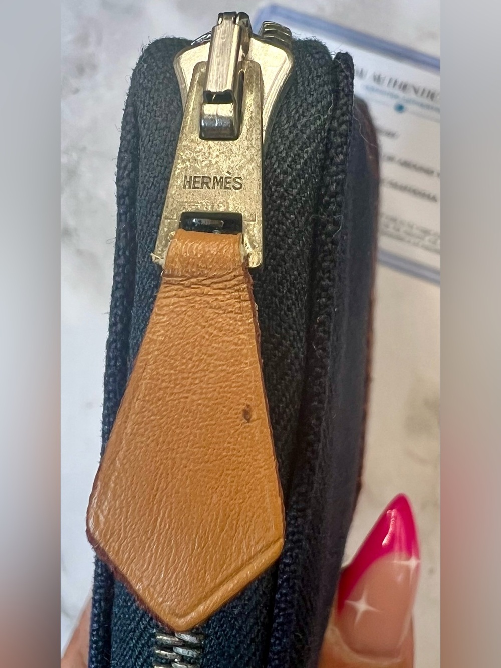 Hermès Fourre Tout canvas wallets in navy blue with brown stripes. GUC with COA - Picture 5 of 10
